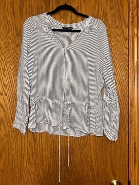 Velvet Heart Blue and White Striped Button-Down Peplum Top